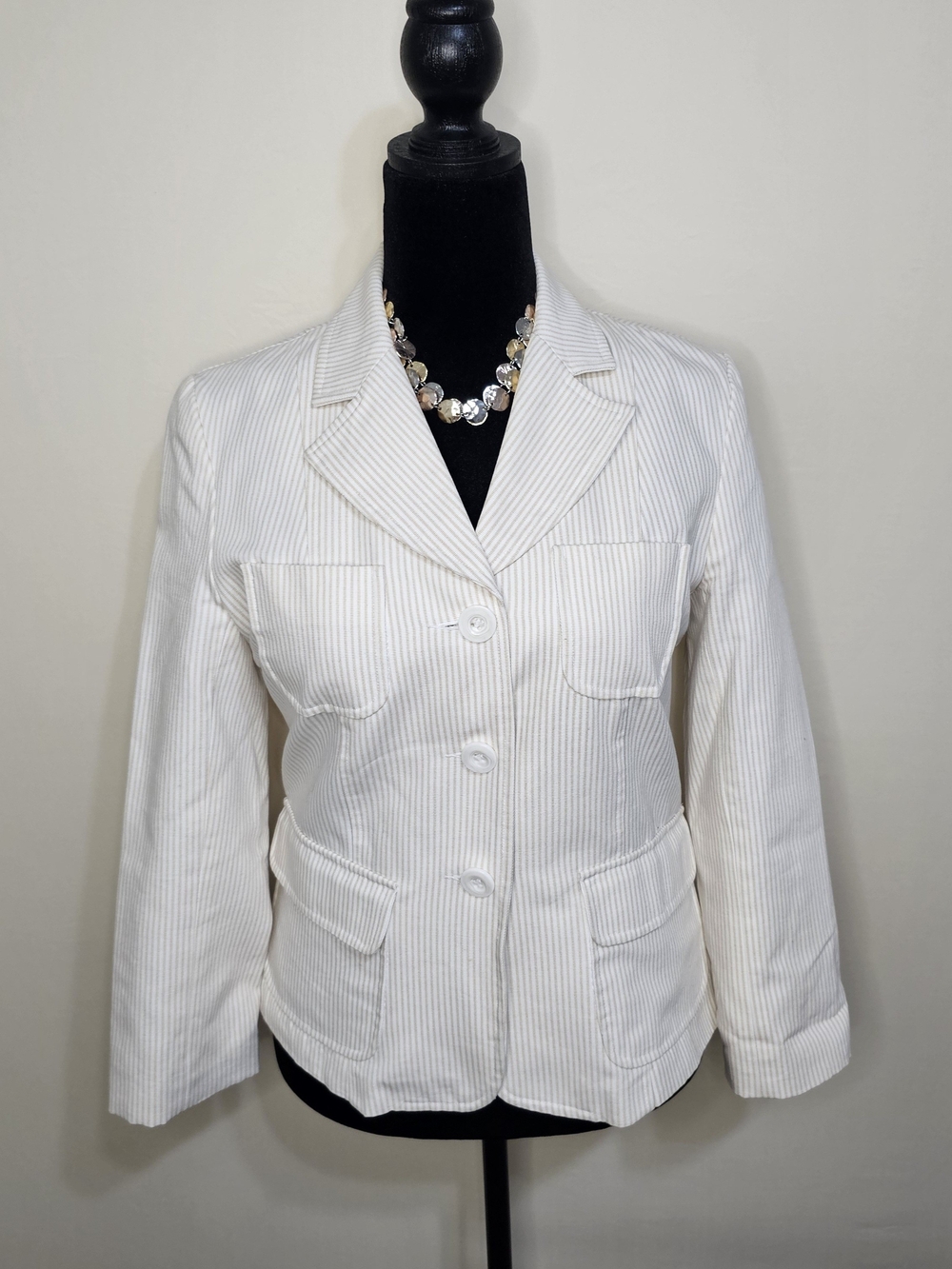 Hillard & Hanson Vtg 90s Striped Utility Blazer Jacket Size Med Beige White Co
